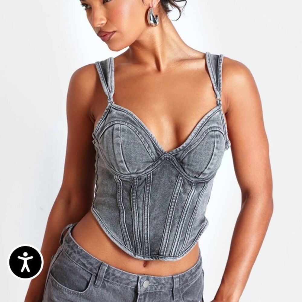 PrettyLittleThing Washed Grey Dip Hem Bust Cup Denim Corset sz 4 (UK 8)